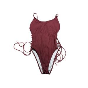 PINK Victoria’s Secret Ribbed One Piece Swimsuit Medium Burgundy Lace Up Side